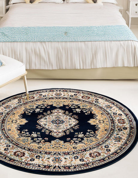 Navy Blue 5' 3 x 5' 3 Narenj Round Area Rug 85% Polypropylene & 15% Polyester Traditional Classic Carpet for Living, Dining, Bedrooms, Office for Sale at Rug Engine