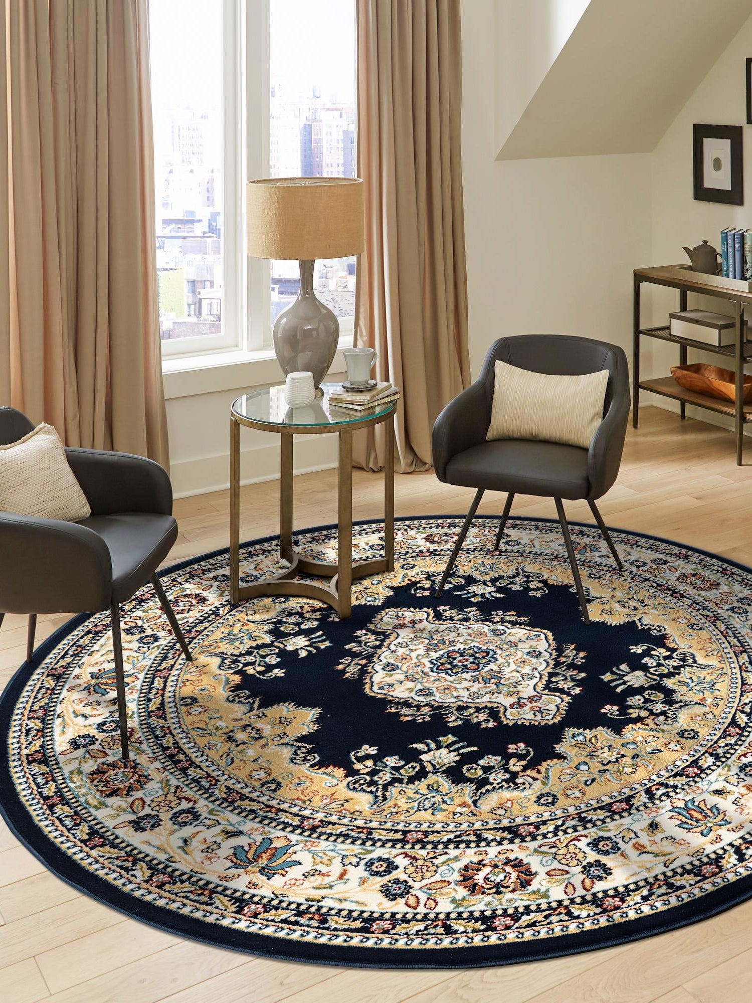 Navy Blue 10' x 10' Narenj Round Area Rug 85% Polypropylene & 15% Polyester Traditional Classic Carpet for Living, Dining, Bedrooms, Office for Sale at Rug Engine