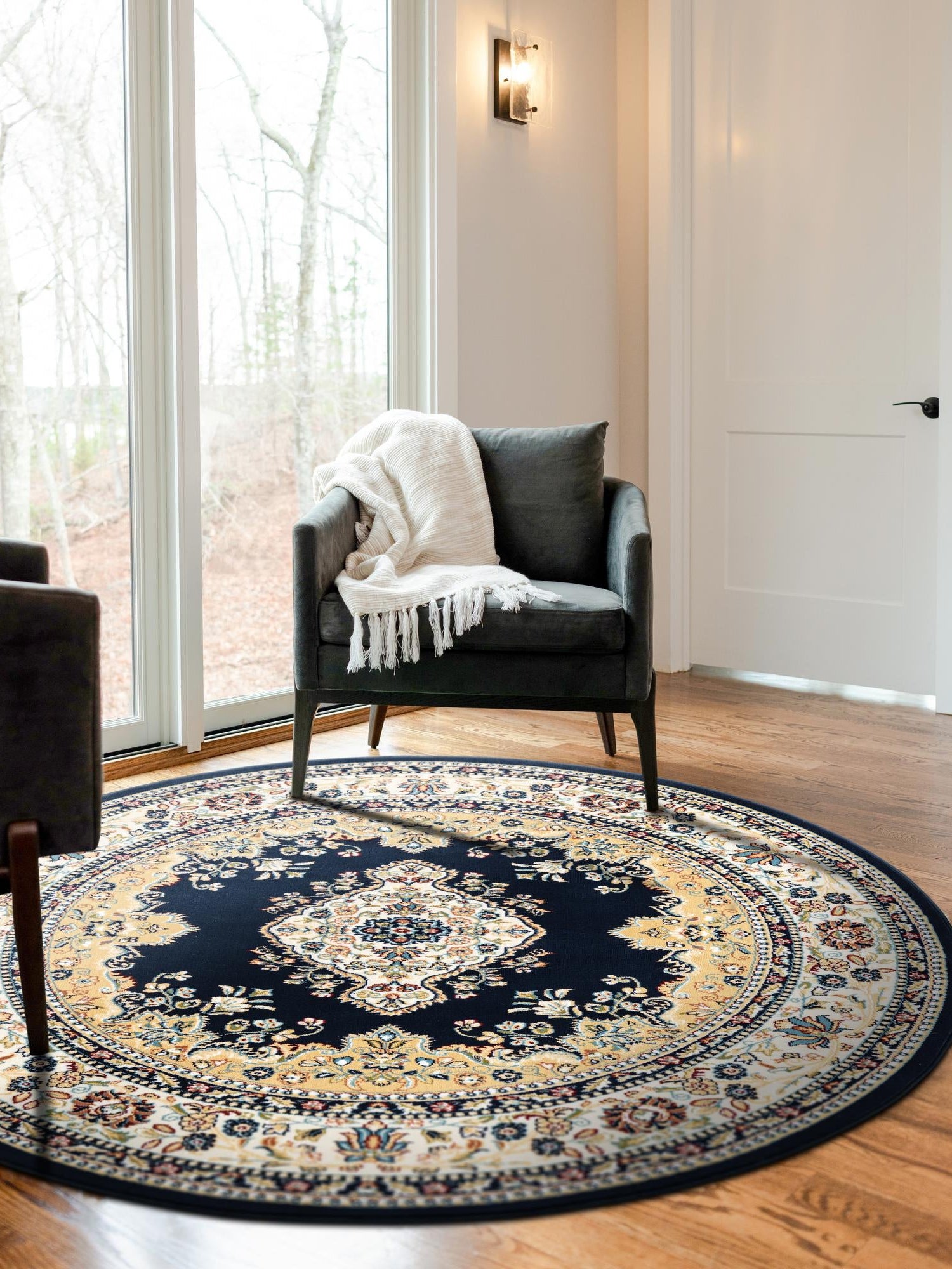 Navy Blue 10' x 10' Narenj Round Area Rug 85% Polypropylene & 15% Polyester Traditional Classic Carpet for Living, Dining, Bedrooms, Office for Sale at Rug Engine