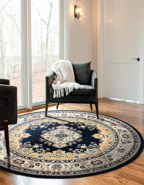 Navy Blue 10' x 10' Narenj Round Area Rug 85% Polypropylene & 15% Polyester Traditional Classic Carpet for Living, Dining, Bedrooms, Office for Sale at Rug Engine