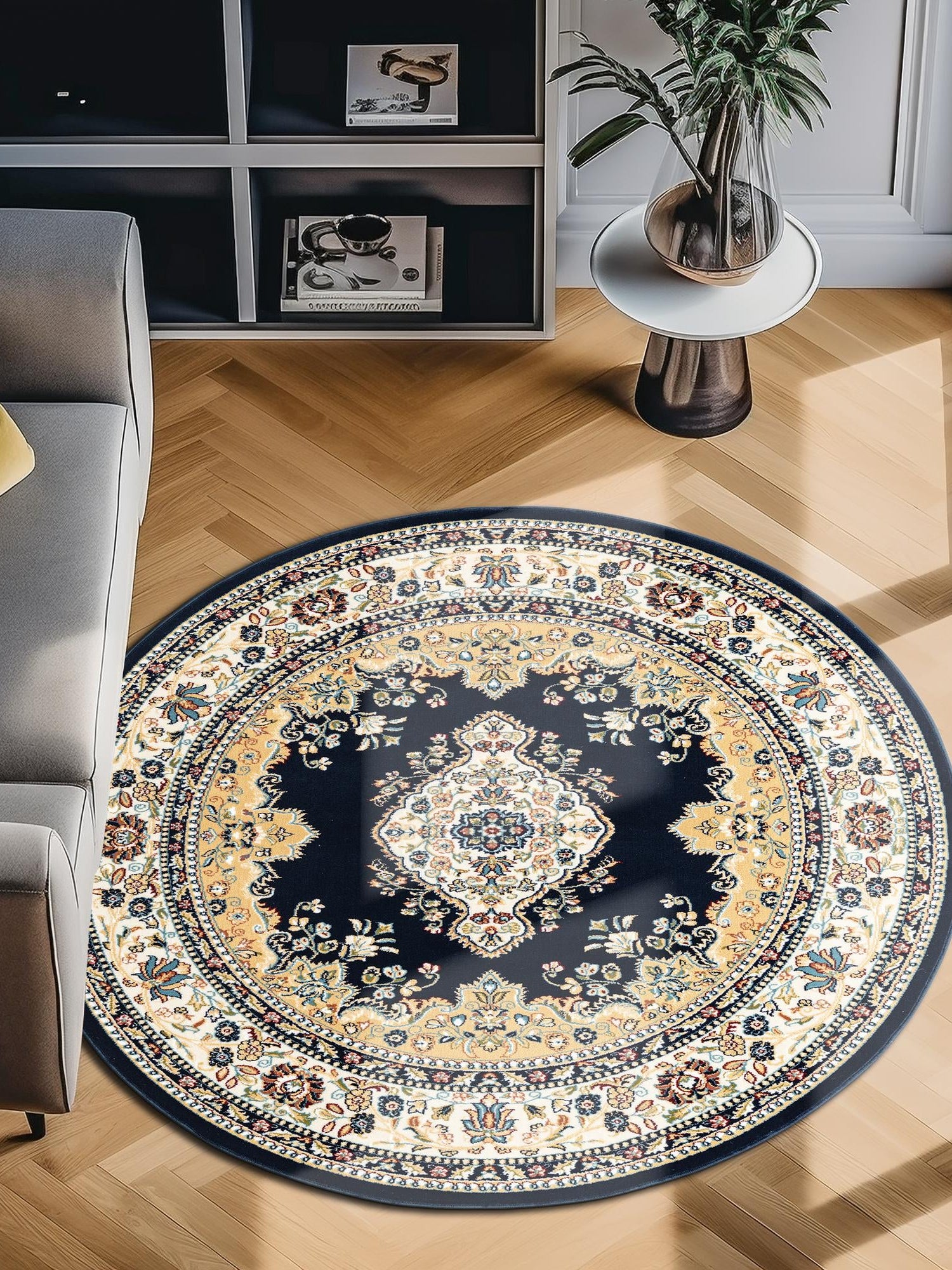 Navy Blue 10' x 10' Narenj Round Area Rug 85% Polypropylene & 15% Polyester Traditional Classic Carpet for Living, Dining, Bedrooms, Office for Sale at Rug Engine