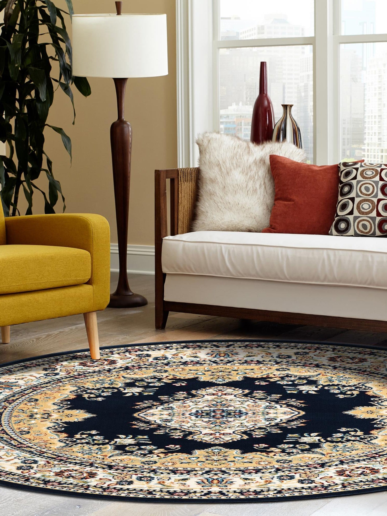 Navy Blue 10' x 10' Narenj Round Area Rug 85% Polypropylene & 15% Polyester Traditional Classic Carpet for Living, Dining, Bedrooms, Office for Sale at Rug Engine