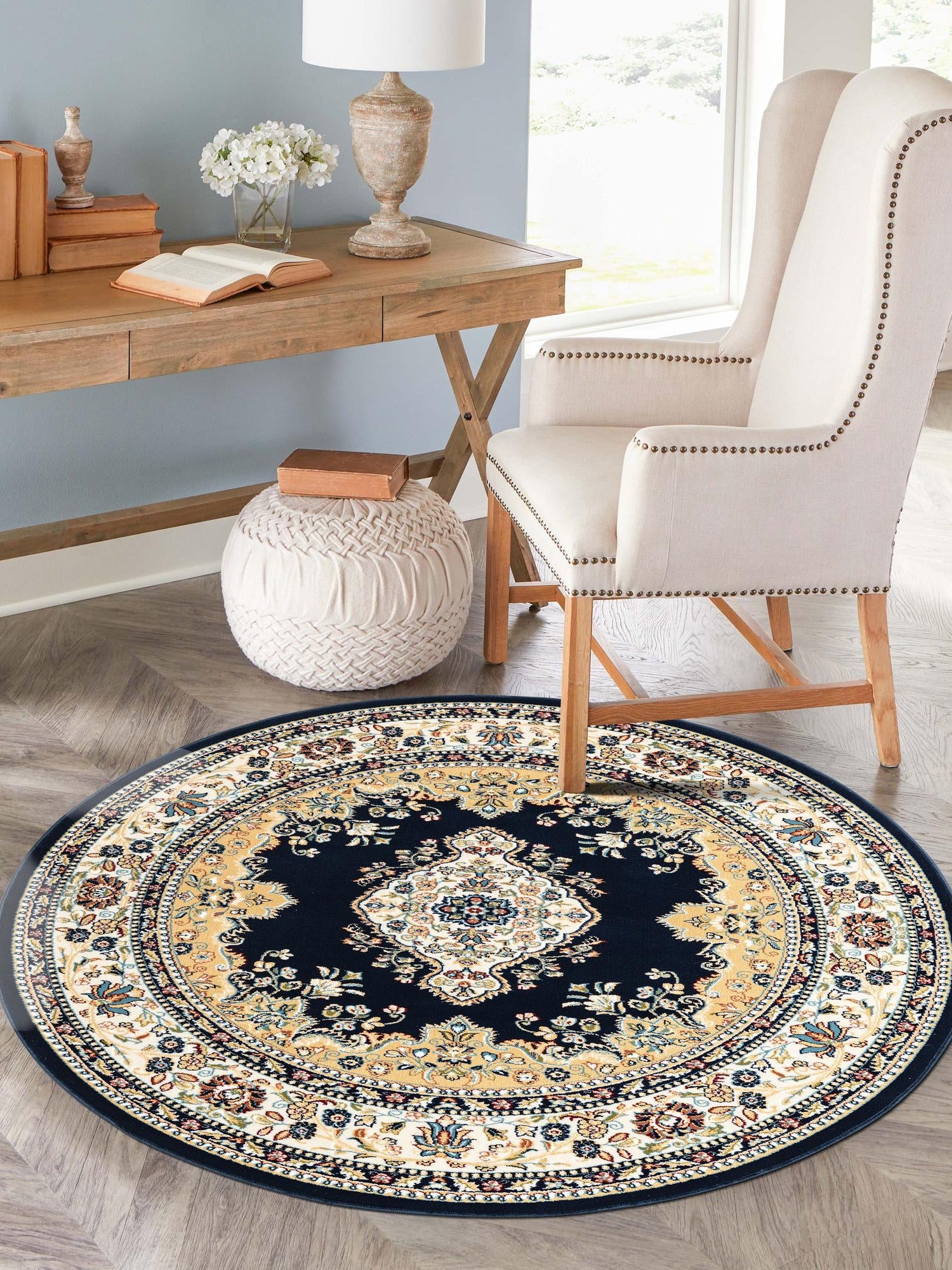 Navy Blue 10' x 10' Narenj Round Area Rug 85% Polypropylene & 15% Polyester Traditional Classic Carpet for Living, Dining, Bedrooms, Office for Sale at Rug Engine