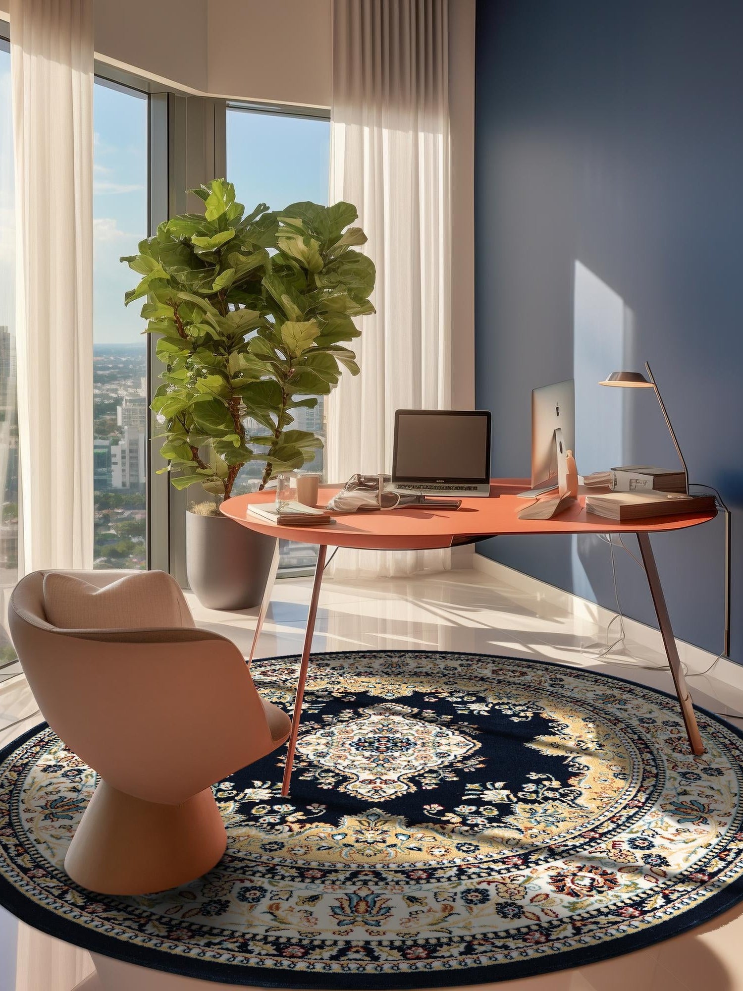 Navy Blue 10' x 10' Narenj Round Area Rug 85% Polypropylene & 15% Polyester Traditional Classic Carpet for Living, Dining, Bedrooms, Office for Sale at Rug Engine