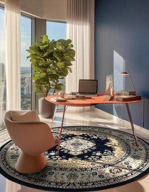 Navy Blue 10' x 10' Narenj Round Area Rug 85% Polypropylene & 15% Polyester Traditional Classic Carpet for Living, Dining, Bedrooms, Office for Sale at Rug Engine