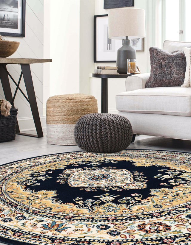 Navy Blue 10' x 10' Narenj Round Area Rug 85% Polypropylene & 15% Polyester Traditional Classic Carpet for Living, Dining, Bedrooms, Office for Sale at Rug Engine