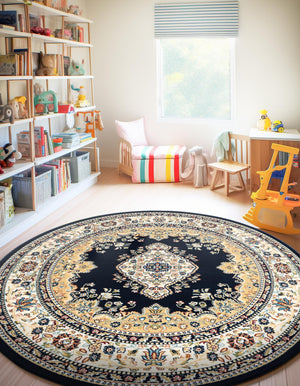 Navy Blue 10' x 10' Narenj Round Area Rug 85% Polypropylene & 15% Polyester Traditional Classic Carpet for Living, Dining, Bedrooms, Office for Sale at Rug Engine