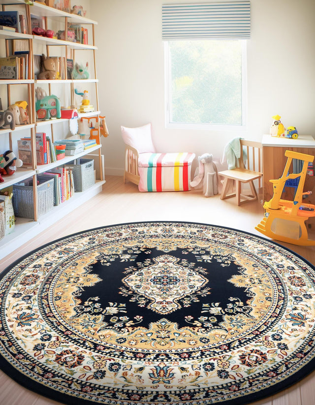 Navy Blue 10' x 10' Narenj Round Area Rug 85% Polypropylene & 15% Polyester Traditional Classic Carpet for Living, Dining, Bedrooms, Office for Sale at Rug Engine