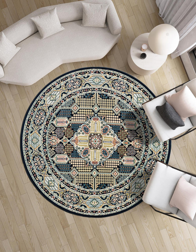 Blue 5' 1 x 5' 1 Narenj Round Area Rug 85% Polypropylene & 15% Polyester Traditional Classic Carpet for Living, Dining, Bedrooms, Office for Sale at Rug Engine
