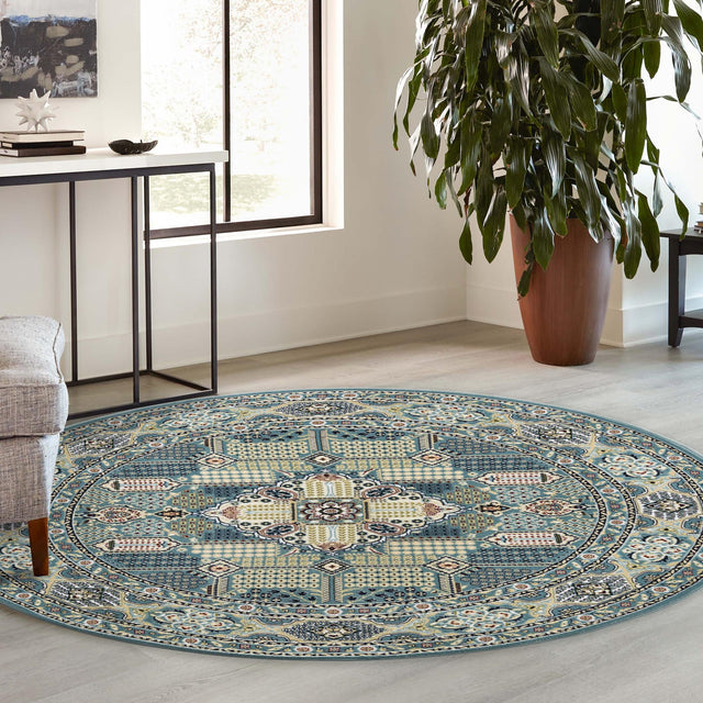 Blue 5' 1 x 5' 1 Narenj Round Area Rug 85% Polypropylene & 15% Polyester Traditional Classic Carpet for Living, Dining, Bedrooms, Office for Sale at Rug Engine