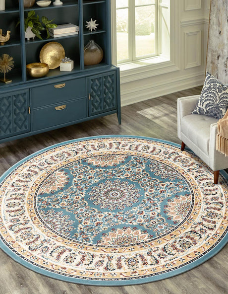 Blue 5' 3 x 5' 3 Narenj Round Area Rug 85% Polypropylene & 15% Polyester Traditional Classic Carpet for Living, Dining, Bedrooms, Office for Sale at Rug Engine