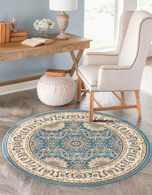 Blue 5' 3 x 5' 3 Narenj Round Area Rug 85% Polypropylene & 15% Polyester Traditional Classic Carpet for Living, Dining, Bedrooms, Office for Sale at Rug Engine