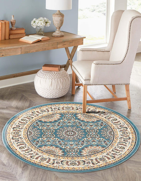 Blue 5' 3 x 5' 3 Narenj Round Area Rug 85% Polypropylene & 15% Polyester Traditional Classic Carpet for Living, Dining, Bedrooms, Office for Sale at Rug Engine