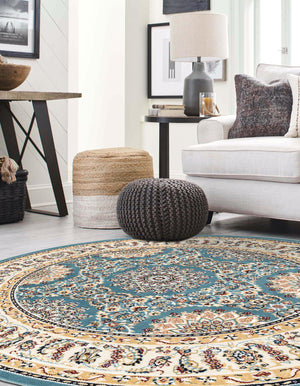 Blue 5' 3 x 5' 3 Narenj Round Area Rug 85% Polypropylene & 15% Polyester Traditional Classic Carpet for Living, Dining, Bedrooms, Office for Sale at Rug Engine
