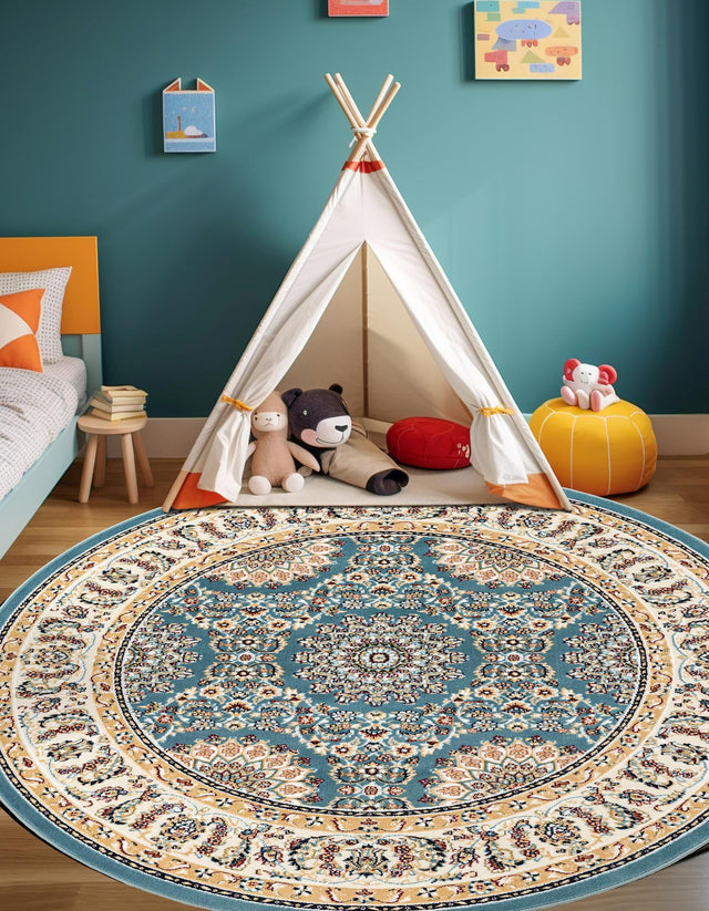 Blue 5' 3 x 5' 3 Narenj Round Area Rug 85% Polypropylene & 15% Polyester Traditional Classic Carpet for Living, Dining, Bedrooms, Office for Sale at Rug Engine