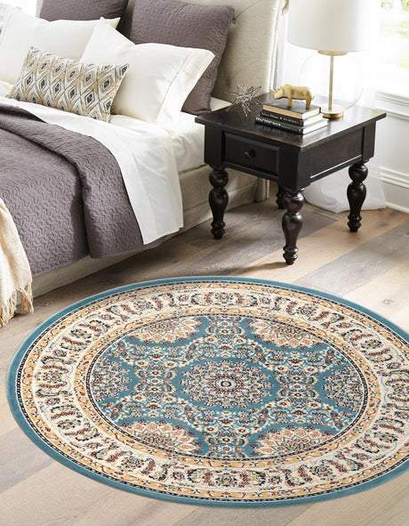 Blue 5' 3 x 5' 3 Narenj Round Area Rug 85% Polypropylene & 15% Polyester Traditional Classic Carpet for Living, Dining, Bedrooms, Office for Sale at Rug Engine
