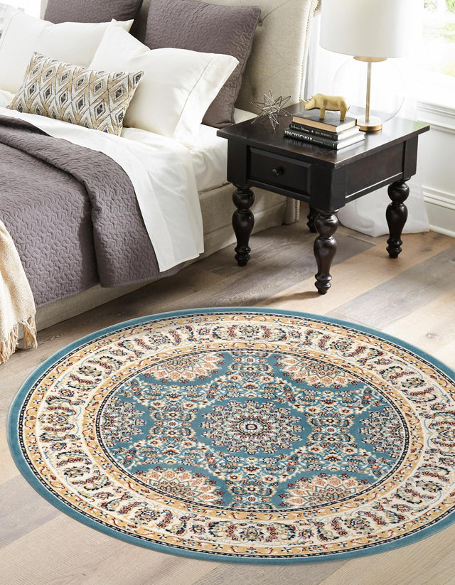 Blue 5' 3 x 5' 3 Narenj Round Area Rug 85% Polypropylene & 15% Polyester Traditional Classic Carpet for Living, Dining, Bedrooms, Office for Sale at Rug Engine