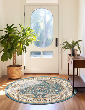 Blue 5' 3 x 5' 3 Narenj Round Area Rug 85% Polypropylene & 15% Polyester Traditional Classic Carpet for Living, Dining, Bedrooms, Office for Sale at Rug Engine