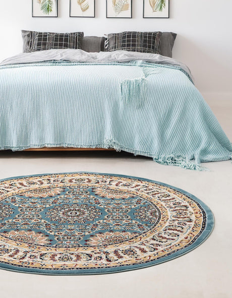 Blue 5' 3 x 5' 3 Narenj Round Area Rug 85% Polypropylene & 15% Polyester Traditional Classic Carpet for Living, Dining, Bedrooms, Office for Sale at Rug Engine