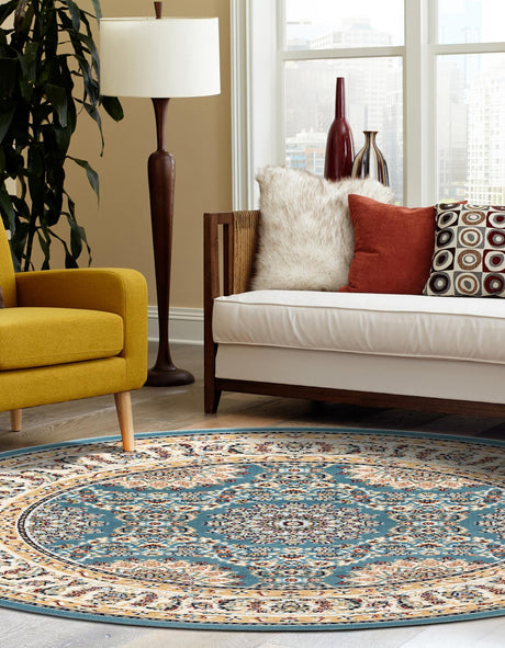 Blue 5' 3 x 5' 3 Narenj Round Area Rug 85% Polypropylene & 15% Polyester Traditional Classic Carpet for Living, Dining, Bedrooms, Office for Sale at Rug Engine