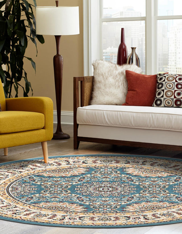 Blue 5' 3 x 5' 3 Narenj Round Area Rug 85% Polypropylene & 15% Polyester Traditional Classic Carpet for Living, Dining, Bedrooms, Office for Sale at Rug Engine