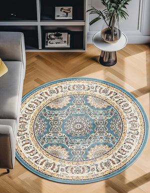Blue 5' 3 x 5' 3 Narenj Round Area Rug 85% Polypropylene & 15% Polyester Traditional Classic Carpet for Living, Dining, Bedrooms, Office for Sale at Rug Engine