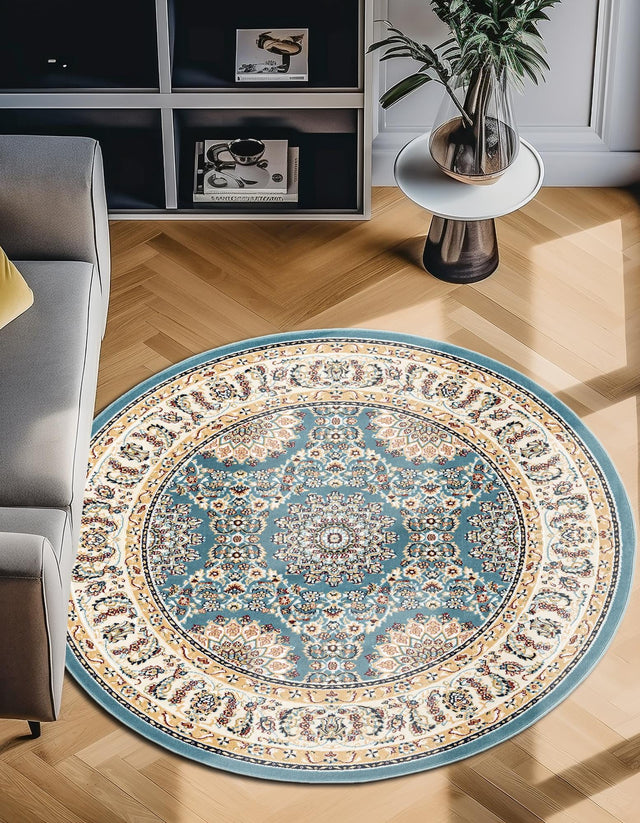 Blue 5' 3 x 5' 3 Narenj Round Area Rug 85% Polypropylene & 15% Polyester Traditional Classic Carpet for Living, Dining, Bedrooms, Office for Sale at Rug Engine