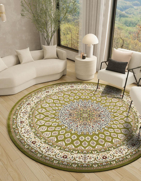 Green 10' x 10' Narenj Round Area Rug 85% Polypropylene & 15% Polyester Traditional Classic Carpet for Living, Dining, Bedrooms, Office for Sale at Rug Engine