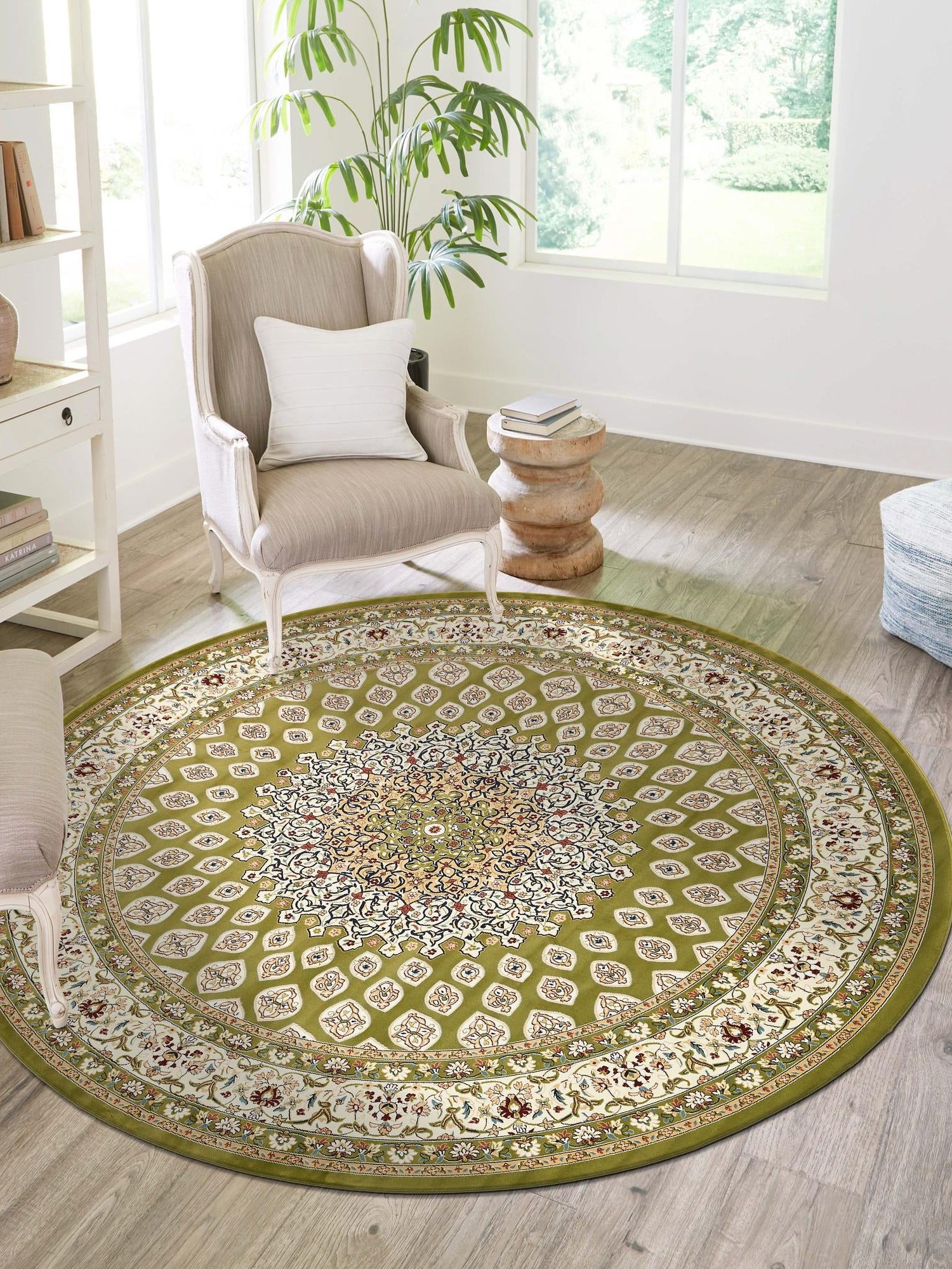 Green 10' x 10' Narenj Round Area Rug 85% Polypropylene & 15% Polyester Traditional Classic Carpet for Living, Dining, Bedrooms, Office for Sale at Rug Engine