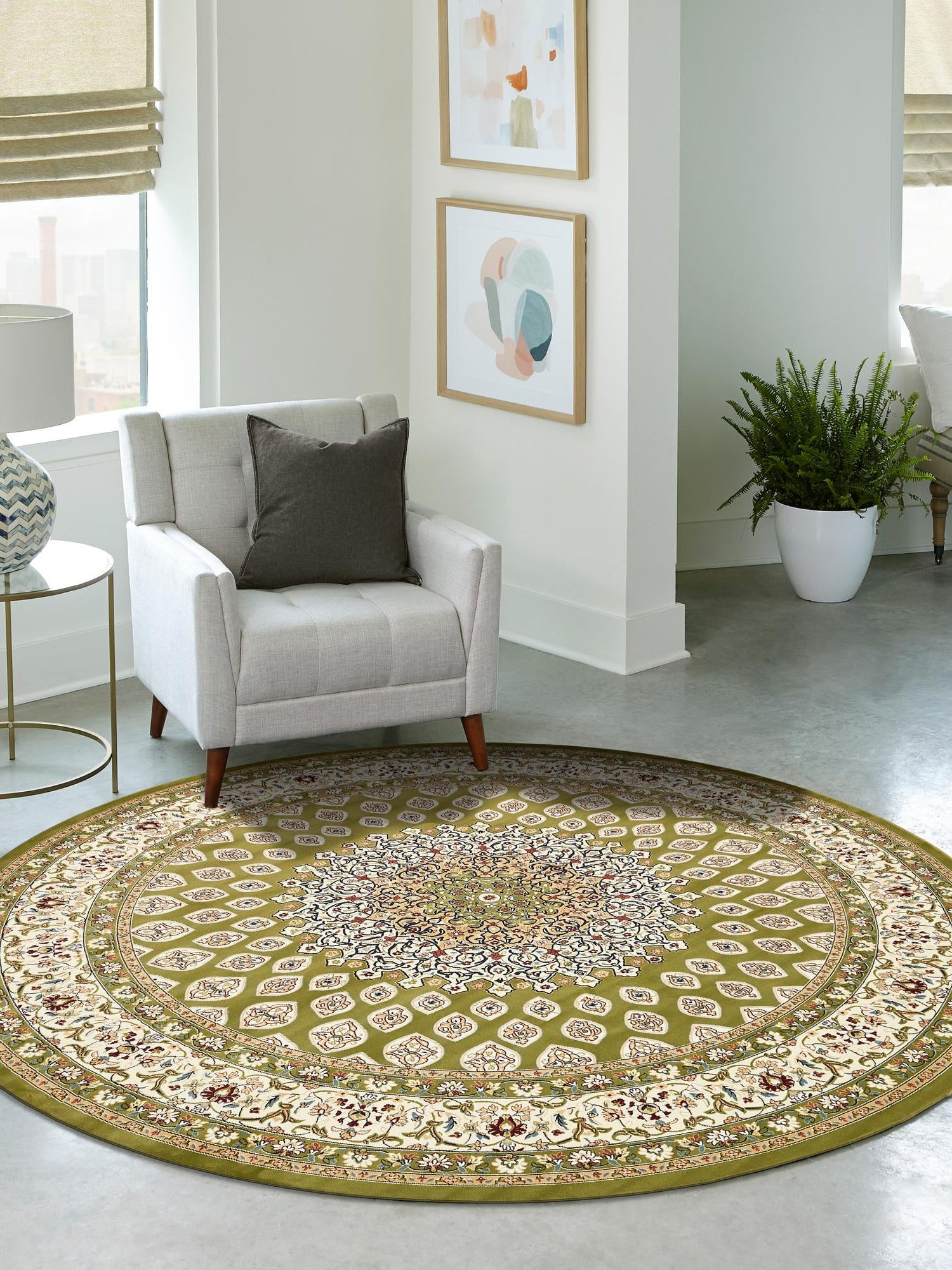 Green 10' x 10' Narenj Round Area Rug 85% Polypropylene & 15% Polyester Traditional Classic Carpet for Living, Dining, Bedrooms, Office for Sale at Rug Engine