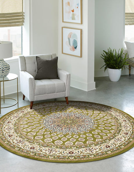 Green 10' x 10' Narenj Round Area Rug 85% Polypropylene & 15% Polyester Traditional Classic Carpet for Living, Dining, Bedrooms, Office for Sale at Rug Engine