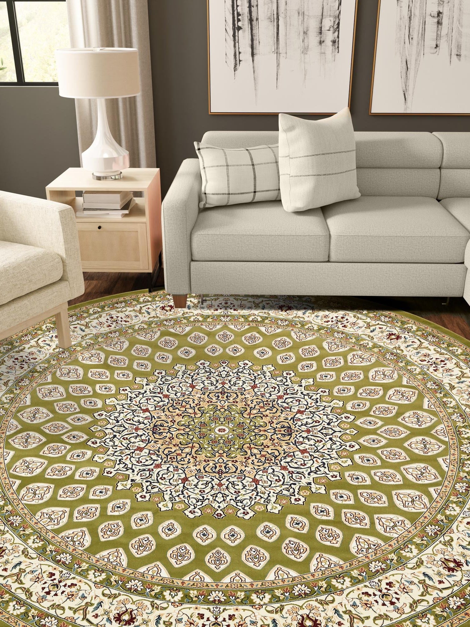 Green 10' x 10' Narenj Round Area Rug 85% Polypropylene & 15% Polyester Traditional Classic Carpet for Living, Dining, Bedrooms, Office for Sale at Rug Engine