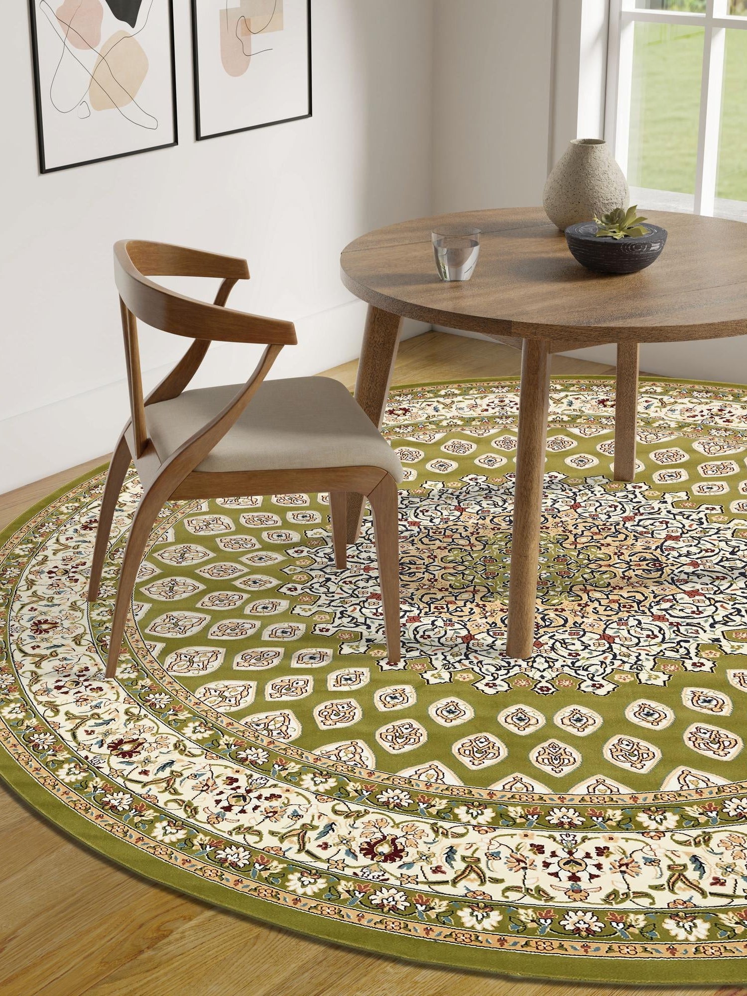Green 10' x 10' Narenj Round Area Rug 85% Polypropylene & 15% Polyester Traditional Classic Carpet for Living, Dining, Bedrooms, Office for Sale at Rug Engine