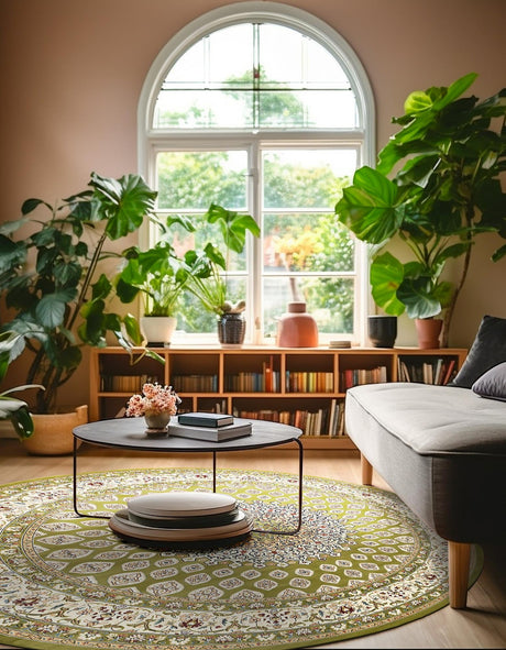 Green 5' 3 x 5' 3 Narenj Round Area Rug 85% Polypropylene & 15% Polyester Traditional Classic Carpet for Living, Dining, Bedrooms, Office for Sale at Rug Engine
