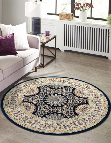Navy Blue 5' 1 x 5' 1 Narenj Round Area Rug 85% Polypropylene & 15% Polyester Traditional Classic Carpet for Living, Dining, Bedrooms, Office for Sale at Rug Engine