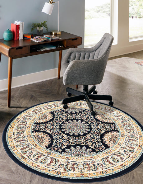 Navy Blue 5' 1 x 5' 1 Narenj Round Area Rug 85% Polypropylene & 15% Polyester Traditional Classic Carpet for Living, Dining, Bedrooms, Office for Sale at Rug Engine