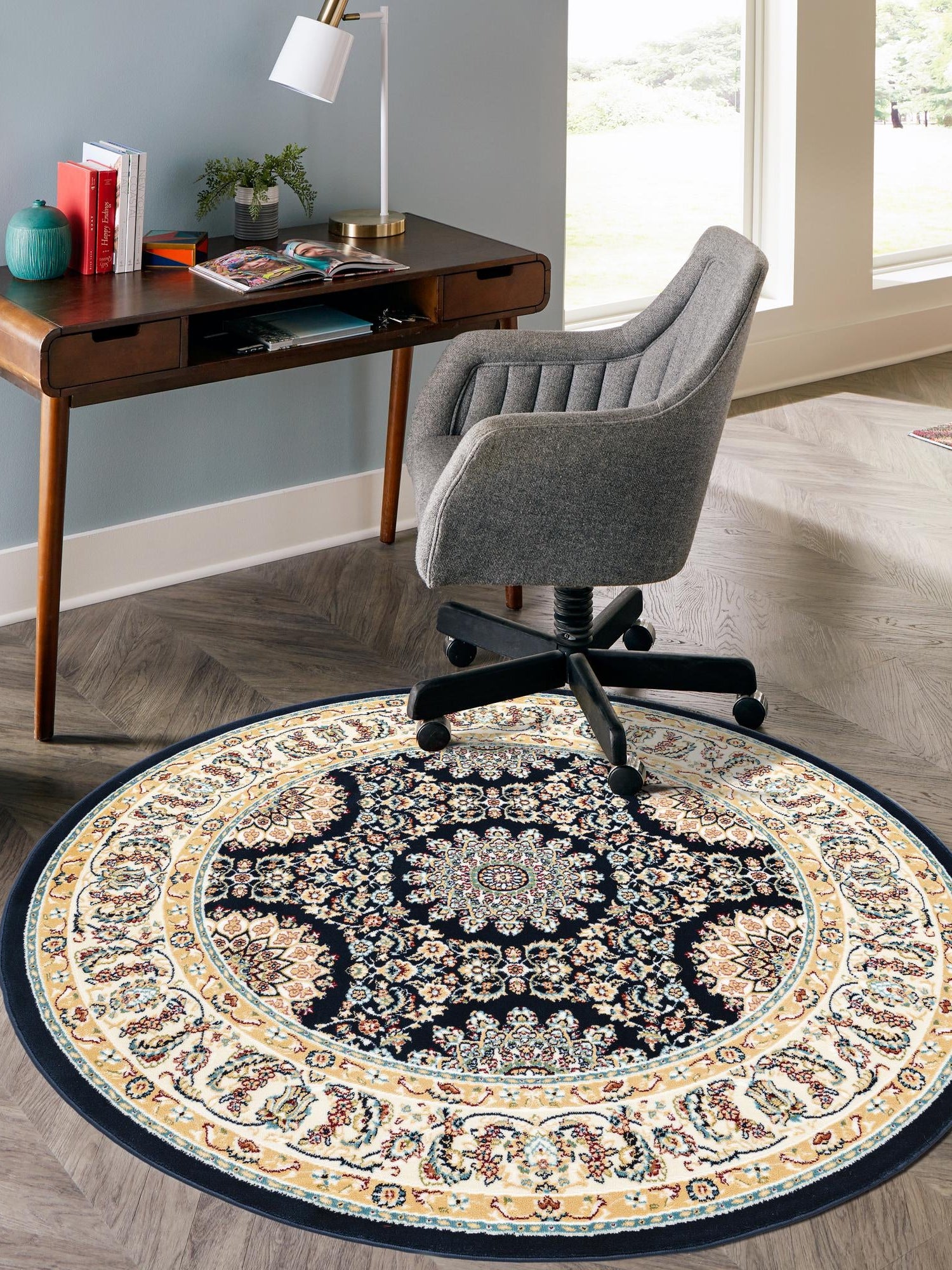 Navy Blue 10' x 10' Narenj Round Area Rug 85% Polypropylene & 15% Polyester Traditional Classic Carpet for Living, Dining, Bedrooms, Office for Sale at Rug Engine