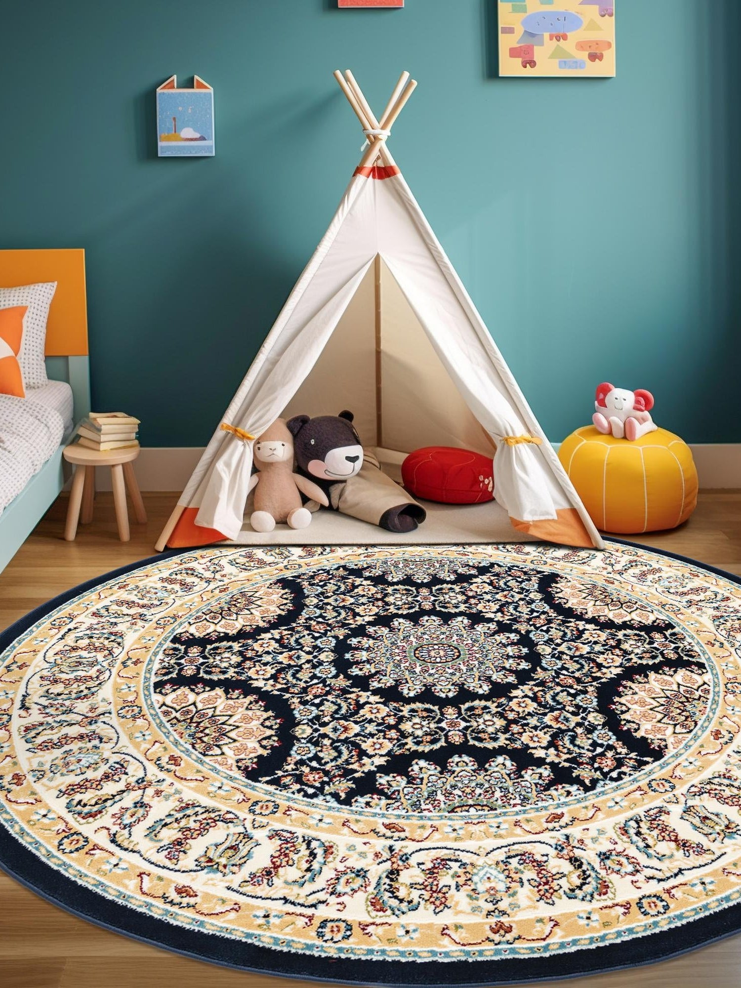 Navy Blue 10' x 10' Narenj Round Area Rug 85% Polypropylene & 15% Polyester Traditional Classic Carpet for Living, Dining, Bedrooms, Office for Sale at Rug Engine