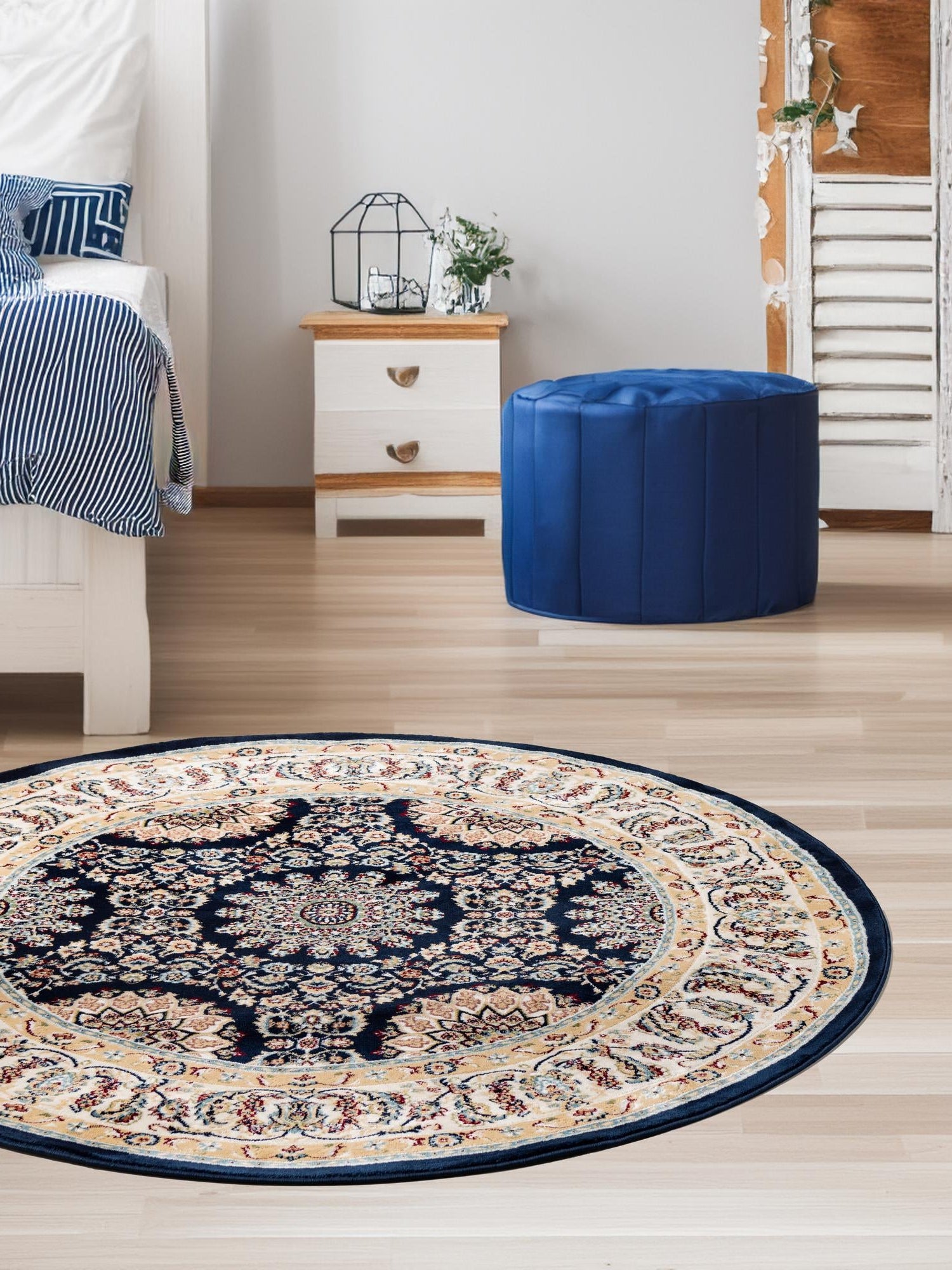 Navy Blue 10' x 10' Narenj Round Area Rug 85% Polypropylene & 15% Polyester Traditional Classic Carpet for Living, Dining, Bedrooms, Office for Sale at Rug Engine