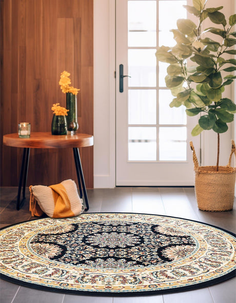 Navy Blue 5' 1 x 5' 1 Narenj Round Area Rug 85% Polypropylene & 15% Polyester Traditional Classic Carpet for Living, Dining, Bedrooms, Office for Sale at Rug Engine