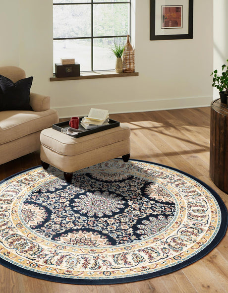 Navy Blue 5' 1 x 5' 1 Narenj Round Area Rug 85% Polypropylene & 15% Polyester Traditional Classic Carpet for Living, Dining, Bedrooms, Office for Sale at Rug Engine