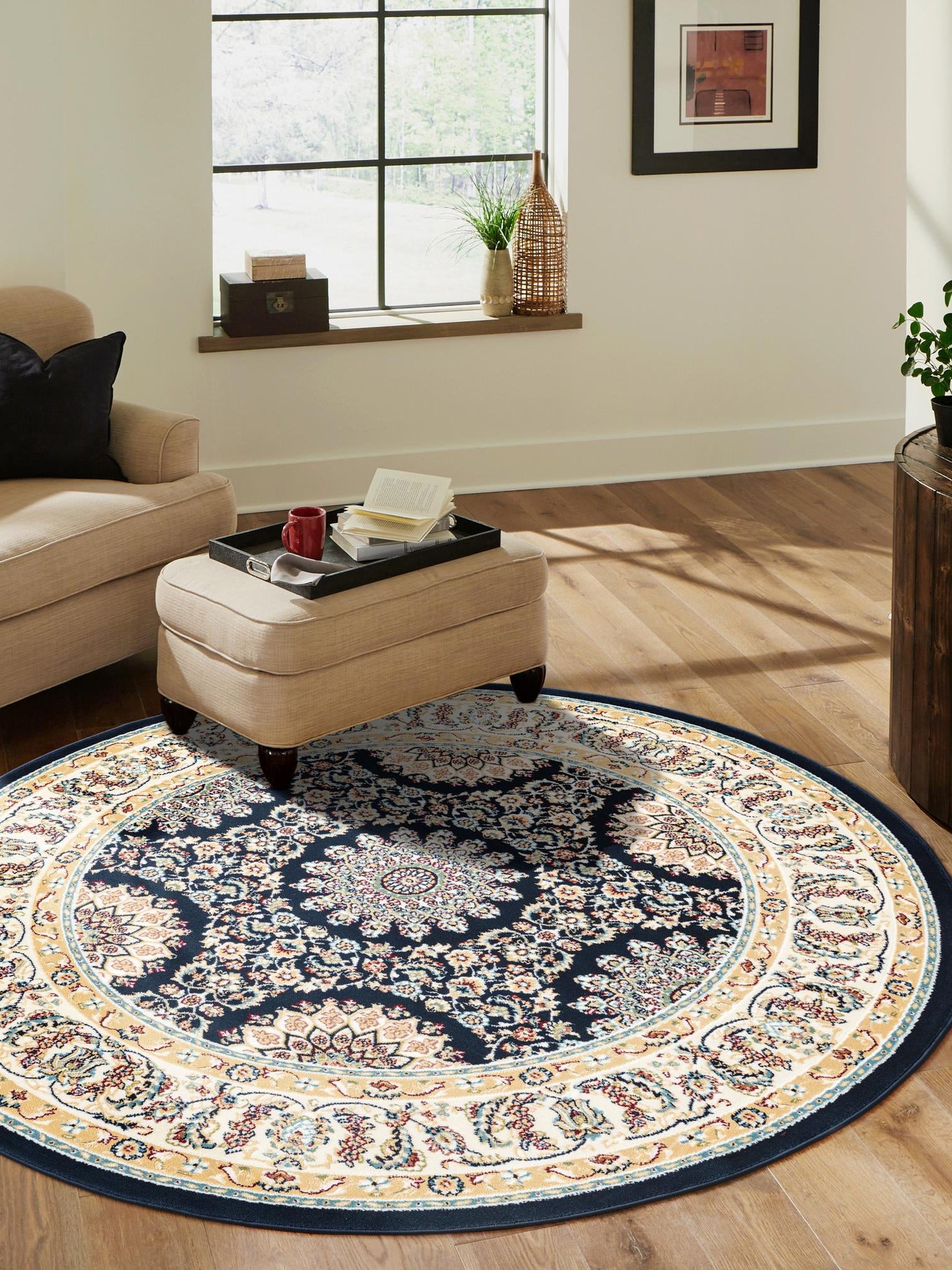 Navy Blue 10' x 10' Narenj Round Area Rug 85% Polypropylene & 15% Polyester Traditional Classic Carpet for Living, Dining, Bedrooms, Office for Sale at Rug Engine