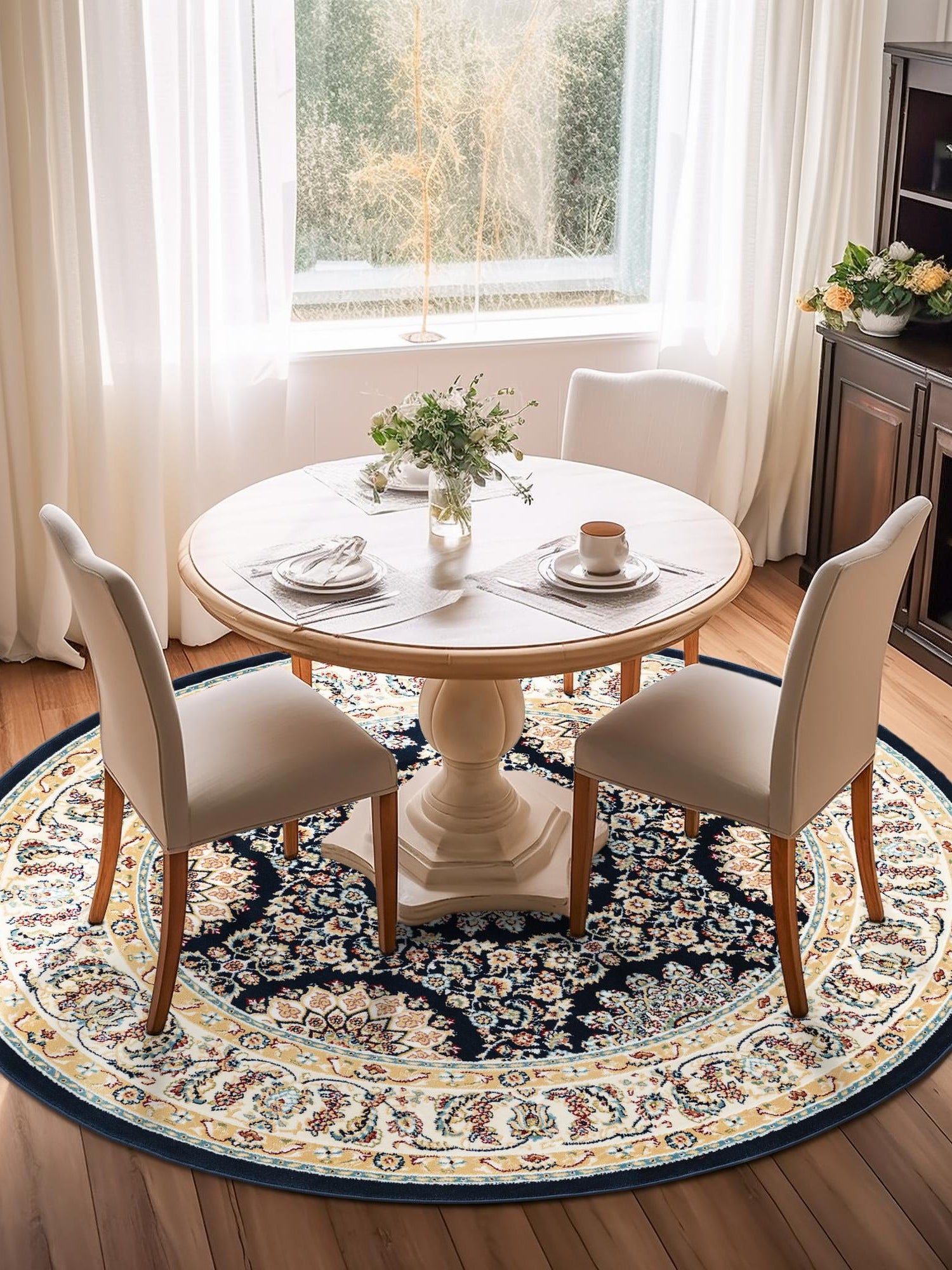 Navy Blue 10' x 10' Narenj Round Area Rug 85% Polypropylene & 15% Polyester Traditional Classic Carpet for Living, Dining, Bedrooms, Office for Sale at Rug Engine