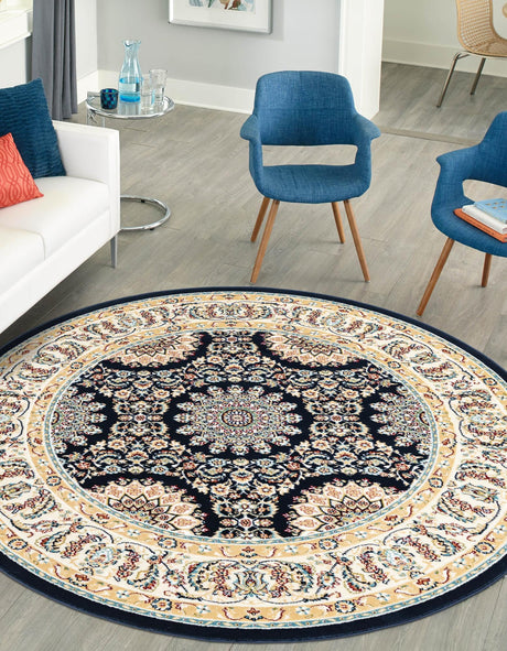 Navy Blue 5' 1 x 5' 1 Narenj Round Area Rug 85% Polypropylene & 15% Polyester Traditional Classic Carpet for Living, Dining, Bedrooms, Office for Sale at Rug Engine