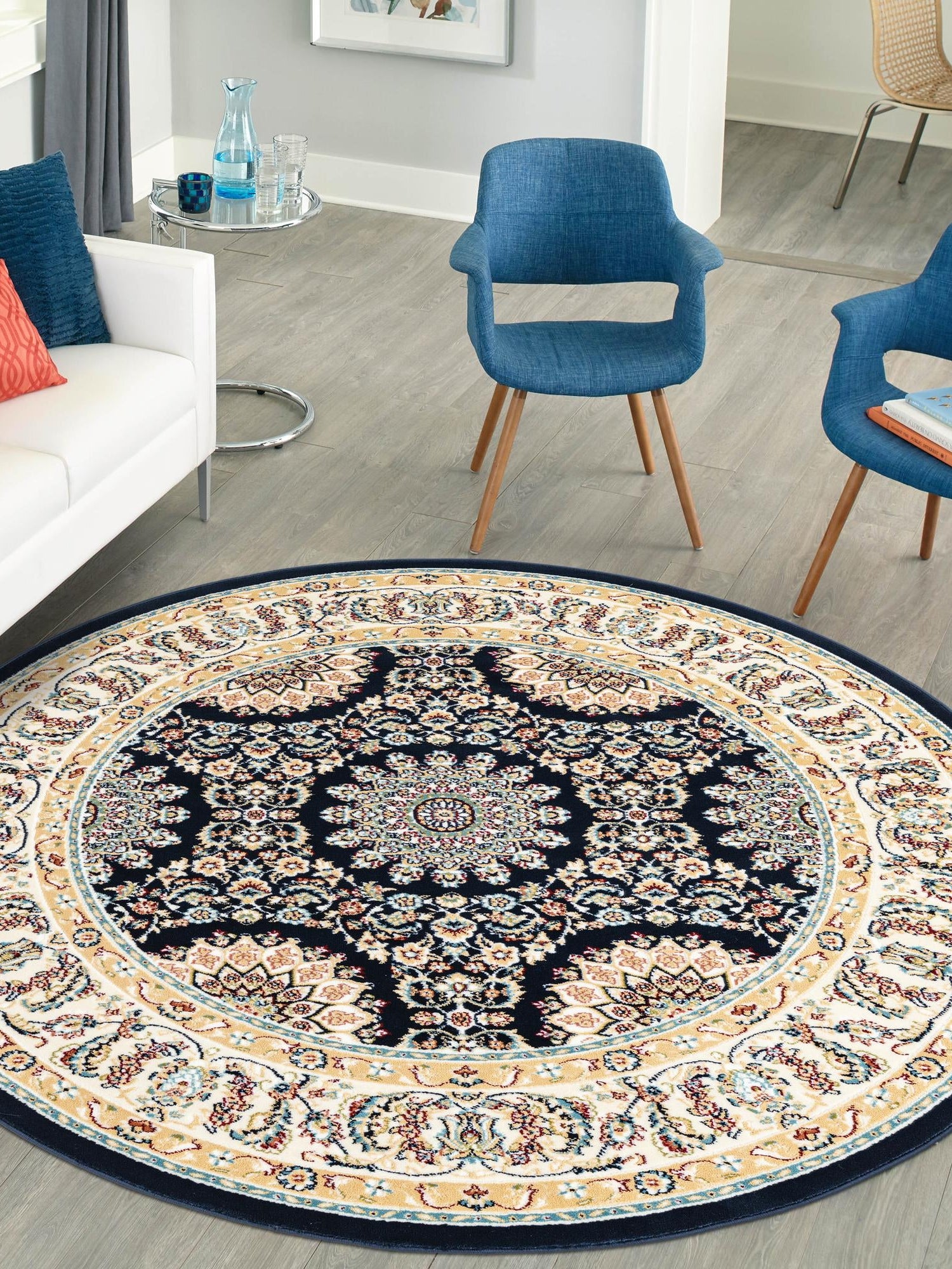 Navy Blue 10' x 10' Narenj Round Area Rug 85% Polypropylene & 15% Polyester Traditional Classic Carpet for Living, Dining, Bedrooms, Office for Sale at Rug Engine