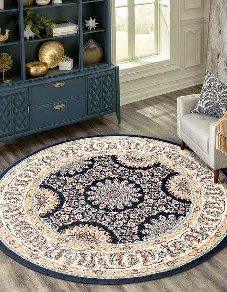 Navy Blue 5' 1 x 5' 1 Narenj Round Area Rug 85% Polypropylene & 15% Polyester Traditional Classic Carpet for Living, Dining, Bedrooms, Office for Sale at Rug Engine