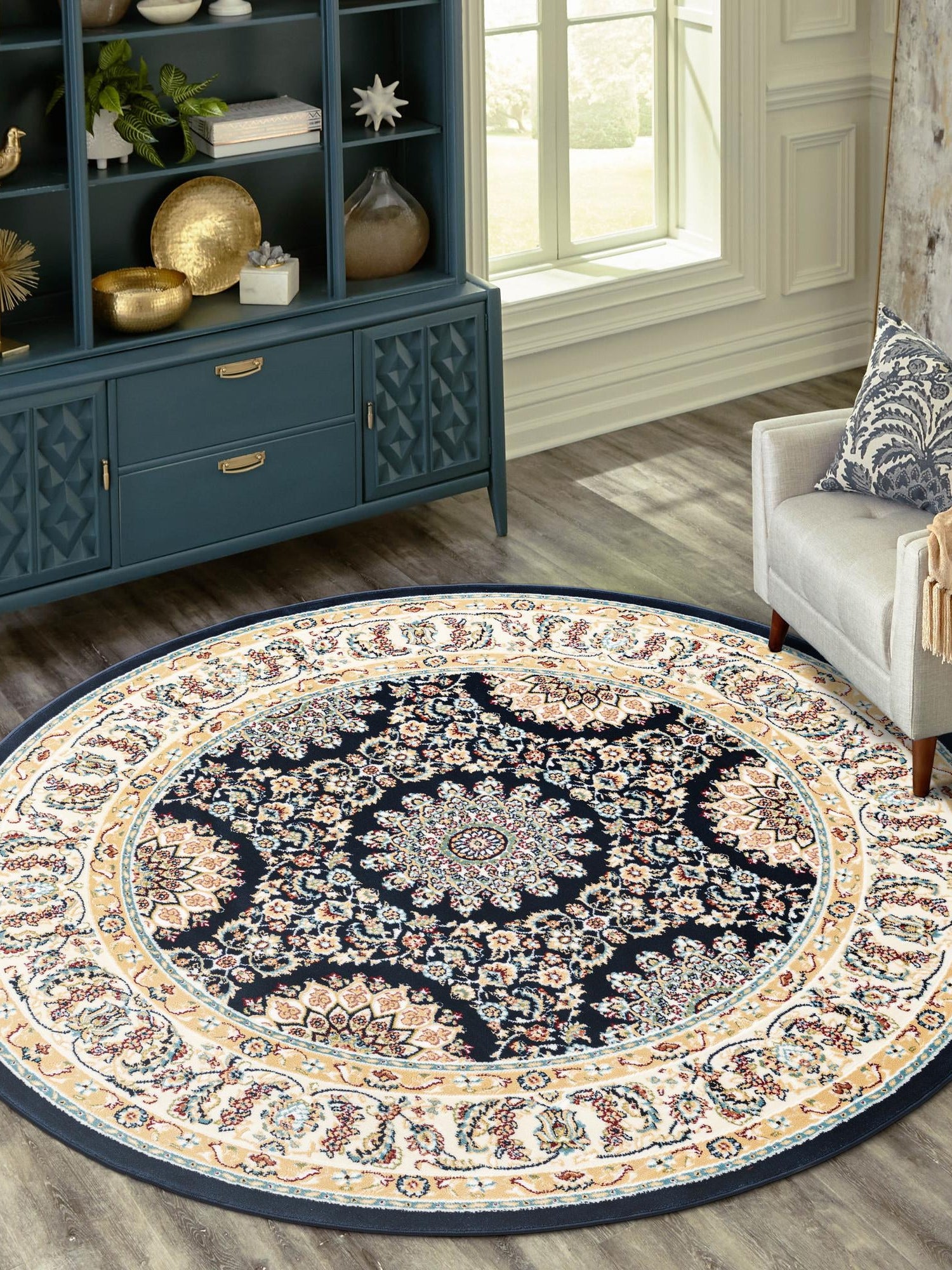 Navy Blue 10' x 10' Narenj Round Area Rug 85% Polypropylene & 15% Polyester Traditional Classic Carpet for Living, Dining, Bedrooms, Office for Sale at Rug Engine