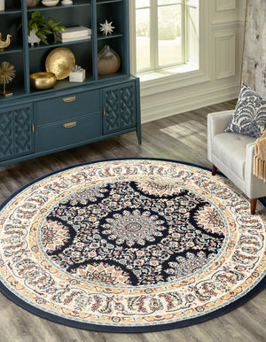 Navy Blue 10' x 10' Narenj Round Area Rug 85% Polypropylene & 15% Polyester Traditional Classic Carpet for Living, Dining, Bedrooms, Office for Sale at Rug Engine