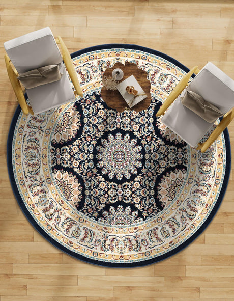 Navy Blue 5' 1 x 5' 1 Narenj Round Area Rug 85% Polypropylene & 15% Polyester Traditional Classic Carpet for Living, Dining, Bedrooms, Office for Sale at Rug Engine