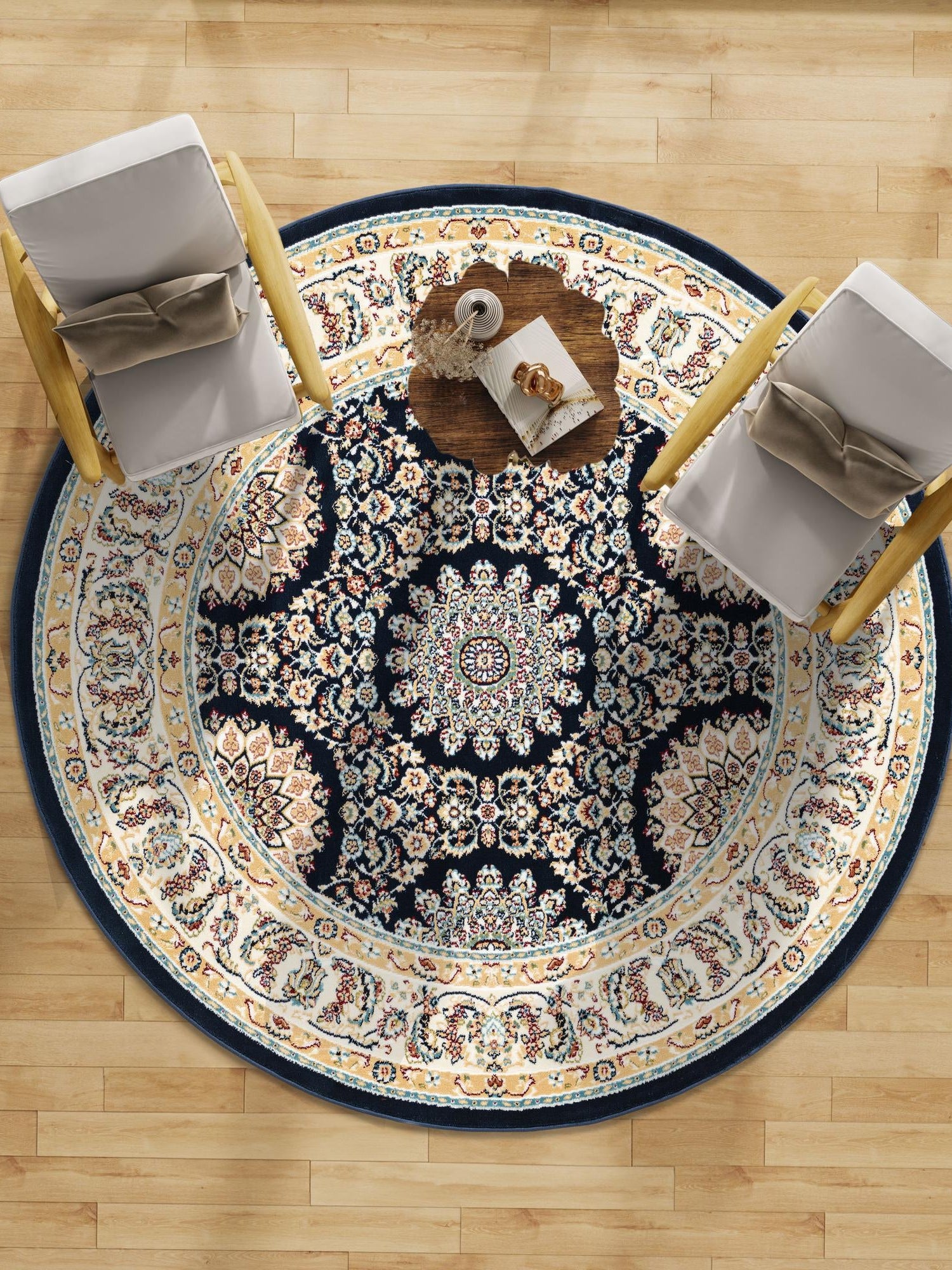Navy Blue 10' x 10' Narenj Round Area Rug 85% Polypropylene & 15% Polyester Traditional Classic Carpet for Living, Dining, Bedrooms, Office for Sale at Rug Engine